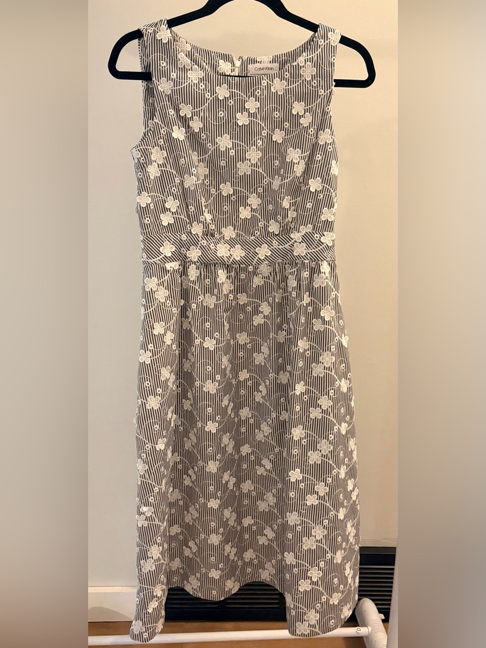 Calvin Klein Black and White Floral Stripe Sleeveless Dress